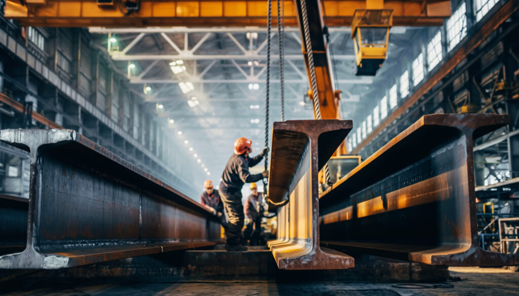 Workers lifting heavy metal beams using crane