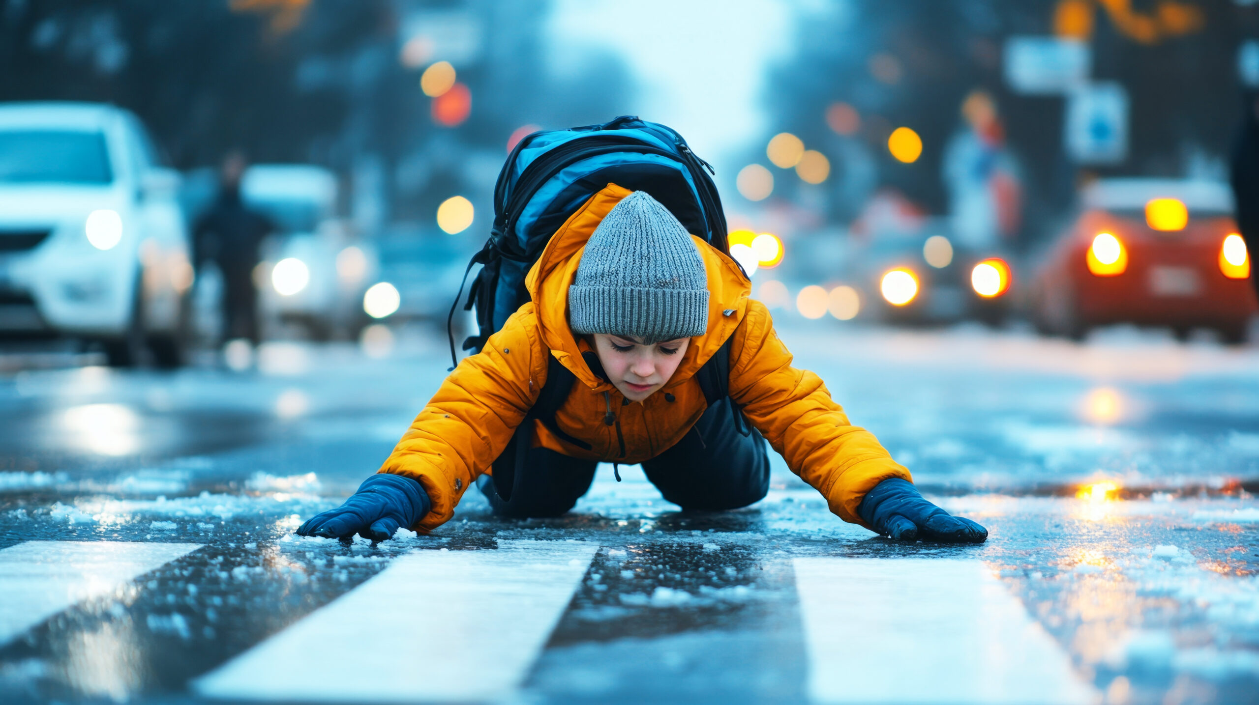 A schoolboy wearing a bright orange jacket has fallen on an icy crosswalk, with hands on the ground and a worried expression. Busy cars and pedestrians fill the city street around him.