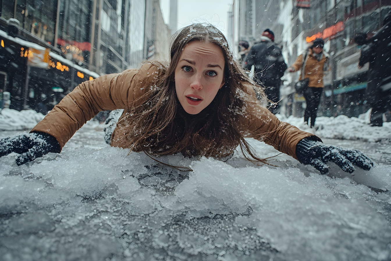 Woman slips on ice while walking in a busy urban street during winter
