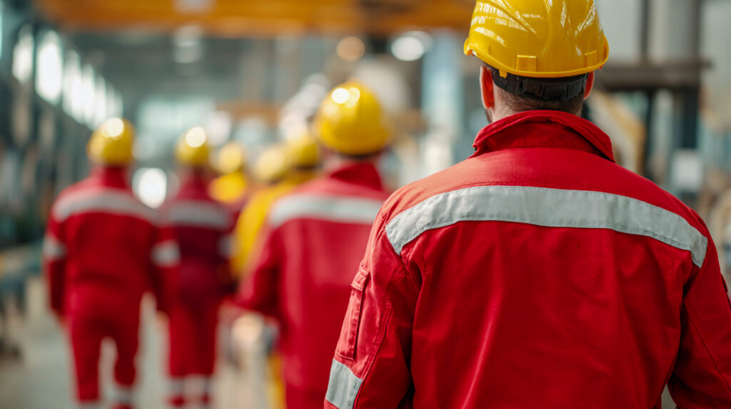 A group of construction workers walking in a row on a construction site. They are all wearing brightly colored safety suits and hard hats, which indicates that they are working in a safe environment.